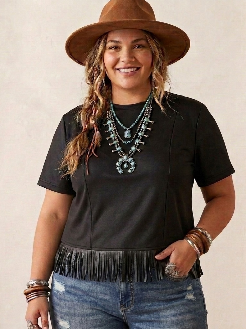 NWT Two 2 Fly Black Faux Leather Fringe Top SzXL Western Boho Festival Edgy